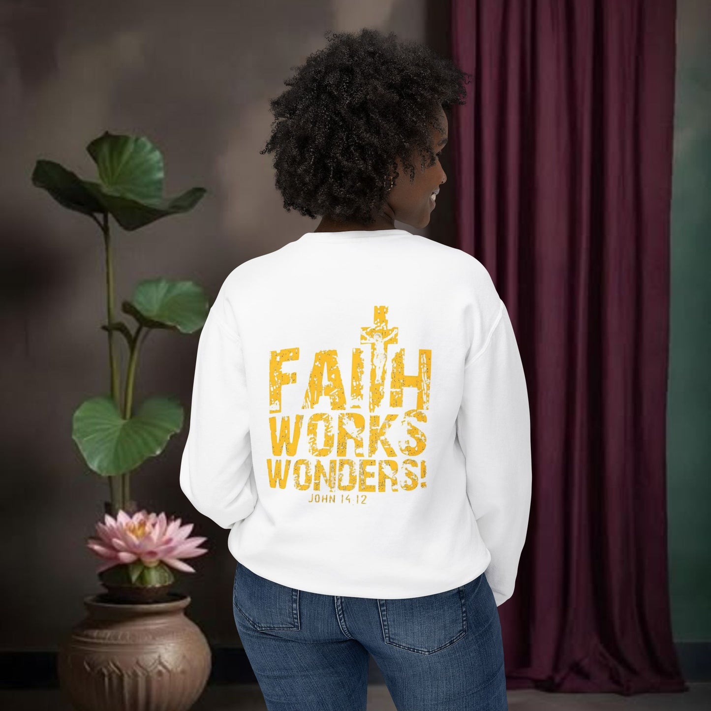 Faith Works Wonders Unisex Lightweight Crewneck Sweatshirt.